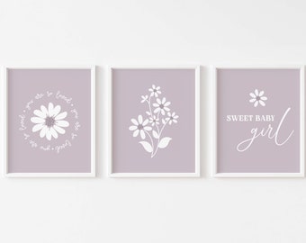 Purple Daisy Nursery Wall Art, You Are So Loved Modern Daisy Decor, Boho Floral Print Set of 3, Mauve Wildflower Scandi Kids Room PRINTABLE