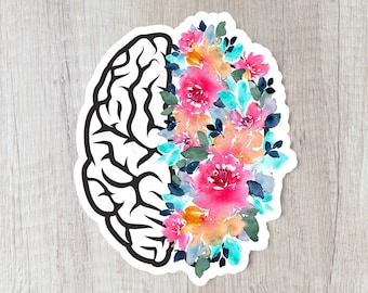 Anatomical Brain Vinyl Sticker, Colorful Watercolor Floral Decal, Neurology Medical Doctor Nurse Gift, Mental Health Waterproof Car Sticker
