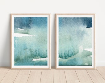 Watercolor Ocean Abstract Art Print Set of 2, Modern Turquoise Blue Seascape Wall Decor, Coastal Waves Wall Art, Aqua Surf Beach House Decor