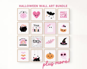 Halloween Bundle Nursery Wall Art PRINTABLE, Cute Girls Room Halloween Prints, Pink Pumpkin Kids Decor, Digital Spooky Boo Black Cat Ghost