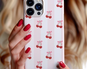 Cherries Phone Case, Trendy Coquette Phone Cover, Girly Cherry Pattern, Feminine Blush Pink Lover Gift, iPhone 15, iPhone 14, iPhone 13 Case