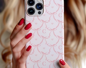 Personalized Coquette Phone Case, Pink Bow Pattern Phone Cover, Trendy Custom Initial Girly Gift, Blush Hearts iPhone 13 14 15 with Letter