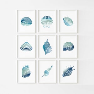 Blue Seashell Print Set of 9, Turquoise Watercolor Coastal Wall Art, Ocean Nursery Decor, Modern Abstract Summer Art, Shell Beach Home Decor