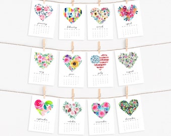 2026 Flower Desk Calendar, Watercolor Floral Heart Cards 5x7, Colorful Monthly Calendar, Bright Botanical Love Mini Calendar, New Year Gift