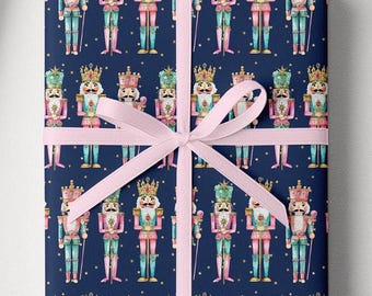 Nutcracker Gift Wrap Paper, Coquette Christmas Wrapping Paper for Girls, Cute Pink Holiday Gift Wrap, Navy Gold Stars Nutcracker Paper