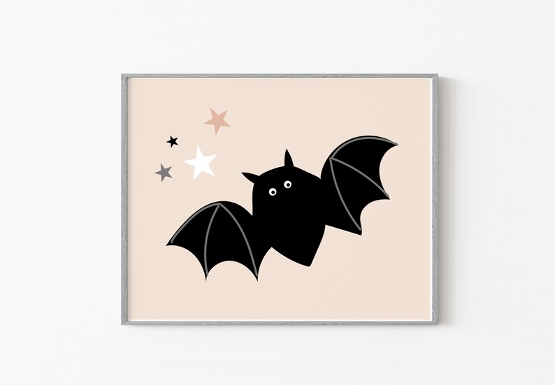 May include: A black bat with white eyes flies against a light pink background with white and gray stars.