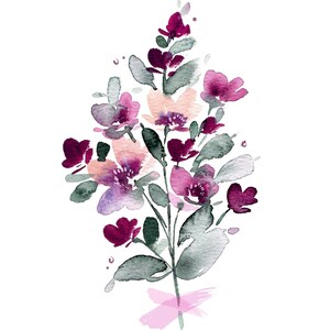May include: Watercolour painting of a bouquet of pink and purple flowers with green leaves. The flowers are painted in a loose, abstract style, and the leaves are painted in a more realistic style. The bouquet is tied with a pink ribbon.