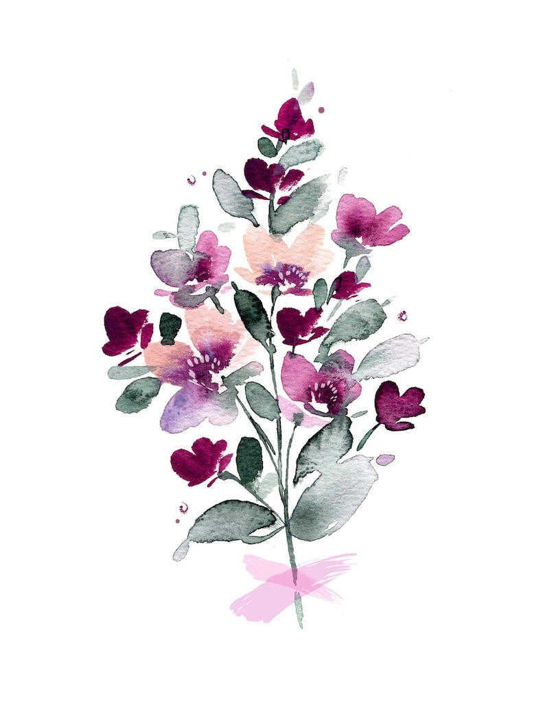 May include: Watercolour painting of a bouquet of pink and purple flowers with green leaves. The flowers are painted in a loose, abstract style, and the leaves are painted in a more realistic style. The bouquet is tied with a pink ribbon.