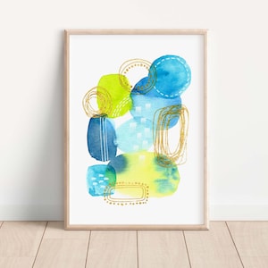 Watercolor Abstract Art Print, Modern Wall Art, Minimalist Wall Decor, Lime Green Abstract Art, Contemporary Beach House Decor, Blue Green