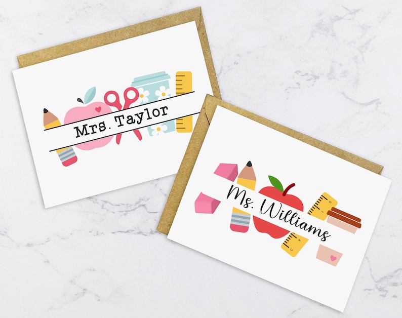 May include: Two teacher appreciation cards with a brown envelope. The cards feature a white background with colourful school supplies and the text "Mrs. Taylor" and "Ms. Williams".