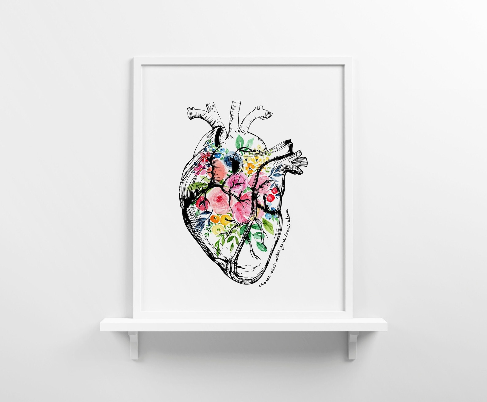 Anatomical Heart With Flowers Art Print, Colorful Floral Heart Wall Art ...