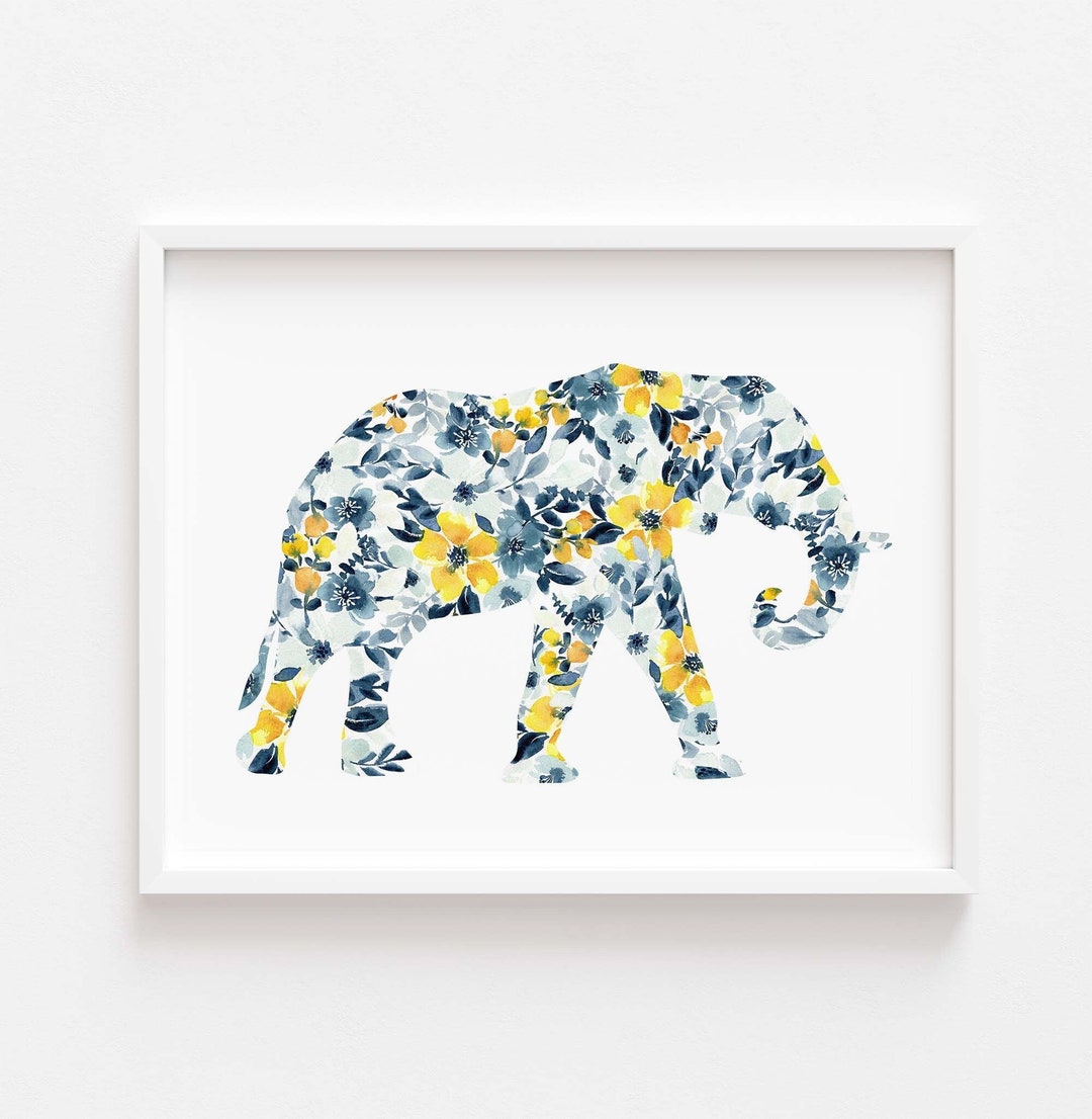Floral Elephant Wall Art, Watercolor Safari Animal Nursery Print