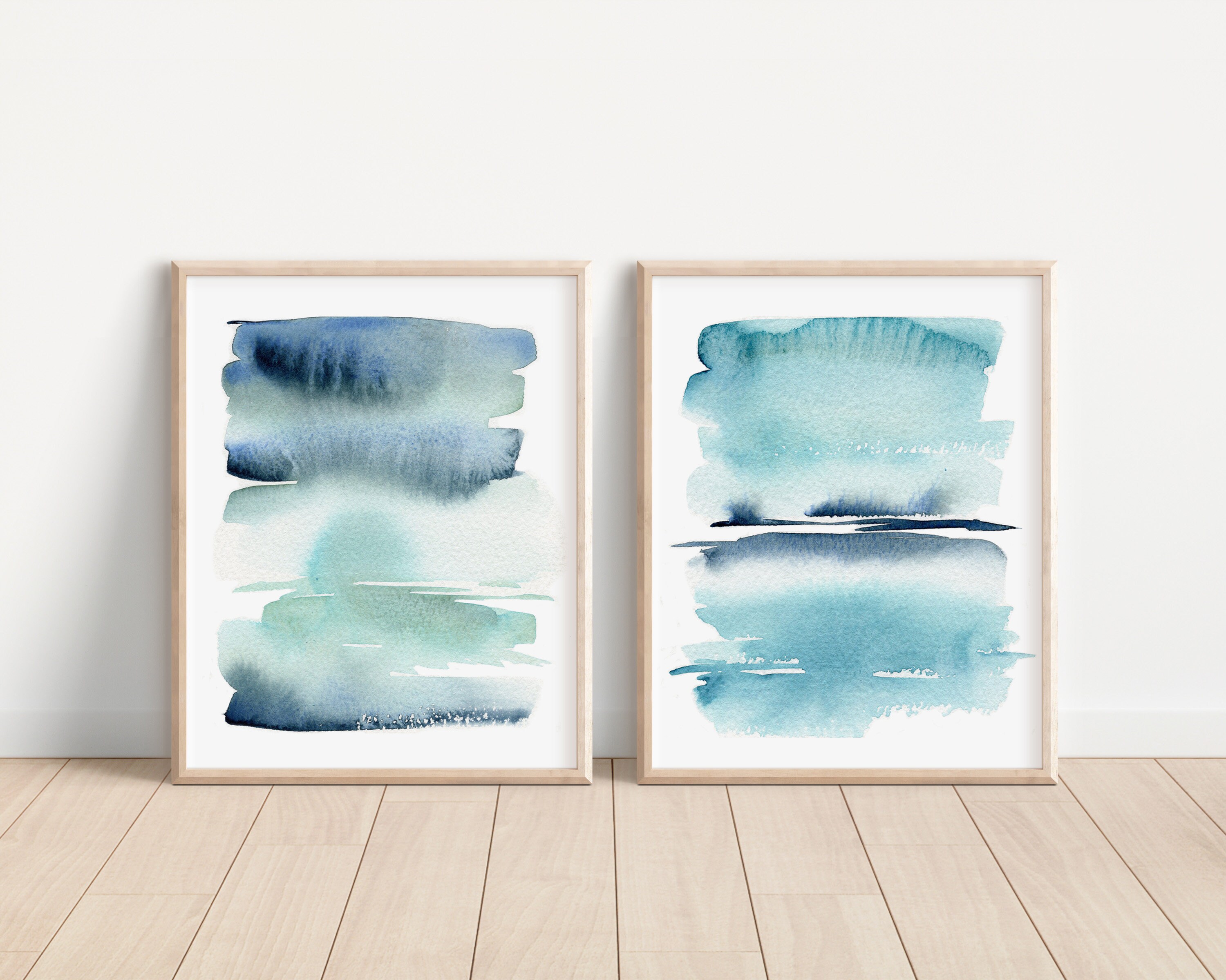 Blue Abstract Sea Art Print Set, Minimalist Modern Ocean Wave Wall Art ...