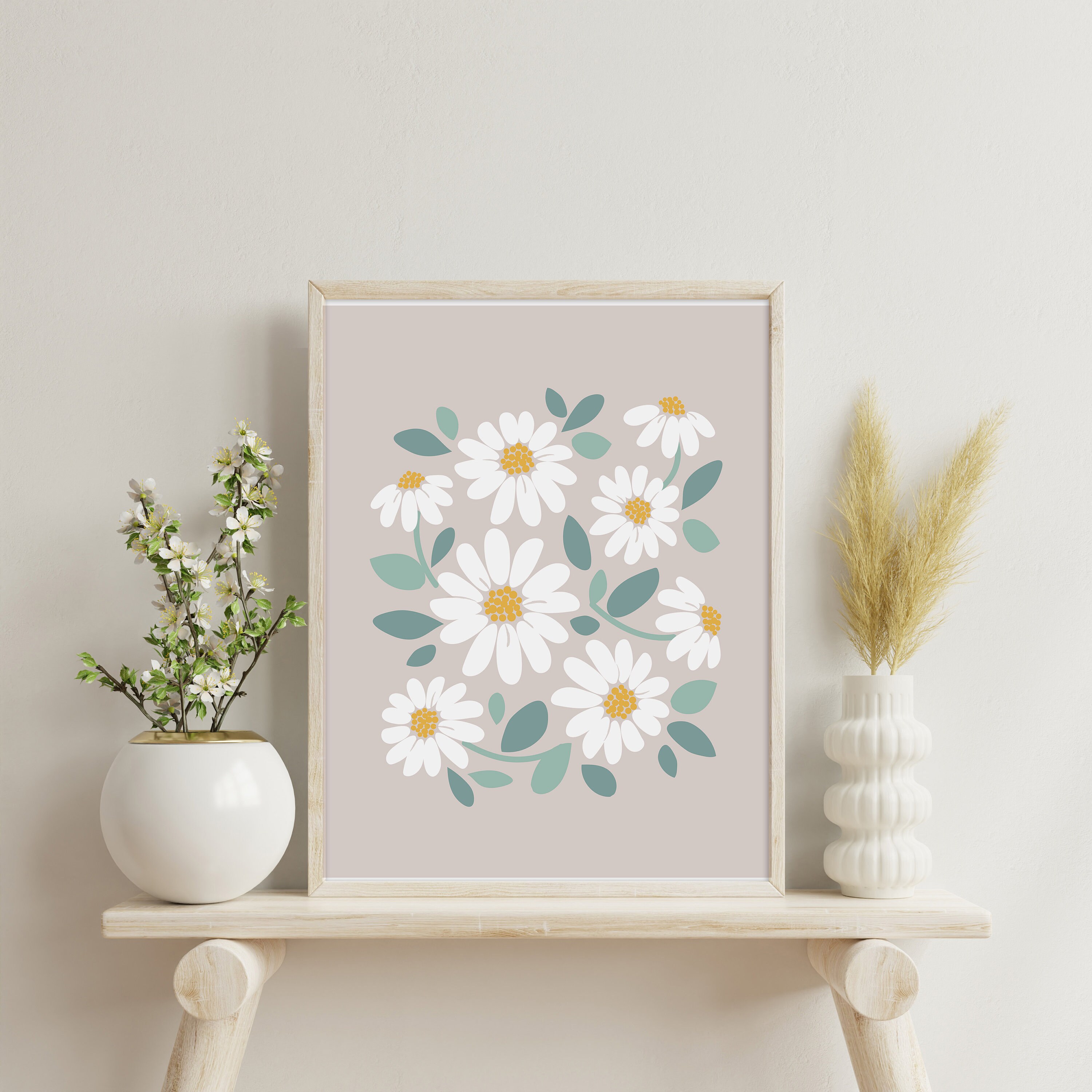 Boho Daisy Wall Art PRINTABLE, Neutral Daisy Garden Poster, Beige Retro ...