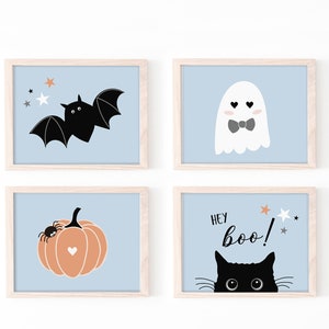 Boho Halloween-väggkonst för barnrum UTSKRIVBAR, söt Halloween-tryckset för pojkrum, ljusblå höstpumpa-barndekor, digital Hey Boo svart katt