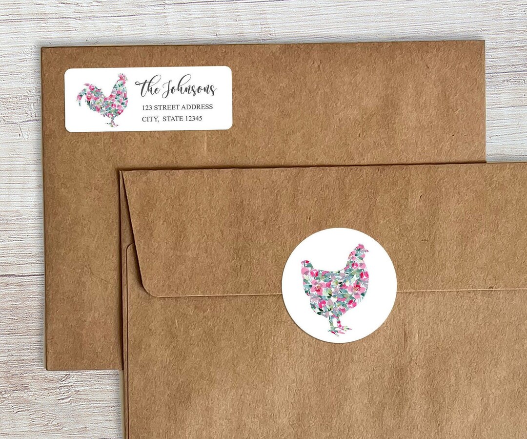 Chick Address Labels Chicken Return Address Labels, Watercolor Floral Rooster Envelope Seals ...