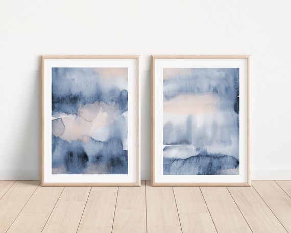 Indigo Watercolor Ocean Abstract Art Print Set of 2, Modern Blue Blush Pink Lake Scene Decor, Coastal Sunset Wall Art, Beach House Decor