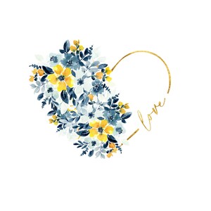 May include: Watercolor floral heart design with yellow, blue, and white flowers. A gold outline forms the heart shape, with the word "love" in gold script. The background is white.