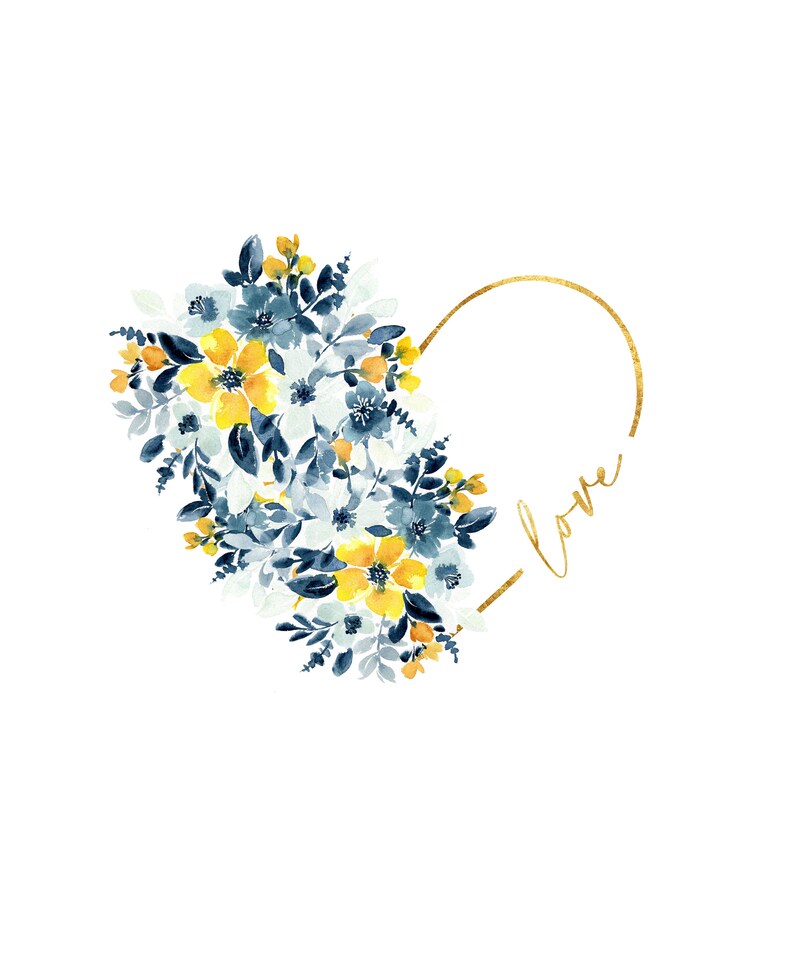 May include: Watercolor floral heart design with yellow, blue, and white flowers. A gold outline forms the heart shape, with the word "love" in gold script. The background is white.