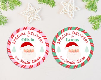 Personalized Santa Stickers, Custom Christmas Labels with Name, Bright Colorful Holiday, Pink Candy Stripe Special Delivery from Santa Claus