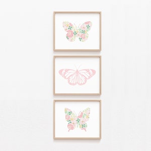 Floral Butterfly Print Set of 3, Pink and Sage Butterfly Nursery Prints, Monarch Butterfly Girl Nursery Decor, Kids Room Teen Girl Wall Art