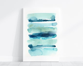 Watercolor Abstract CANVAS Wall Art, Blue Coastal Canvas Print, Navy Beach House Decor, Turquoise Brushstroke Painting, Ocean Wall Decor