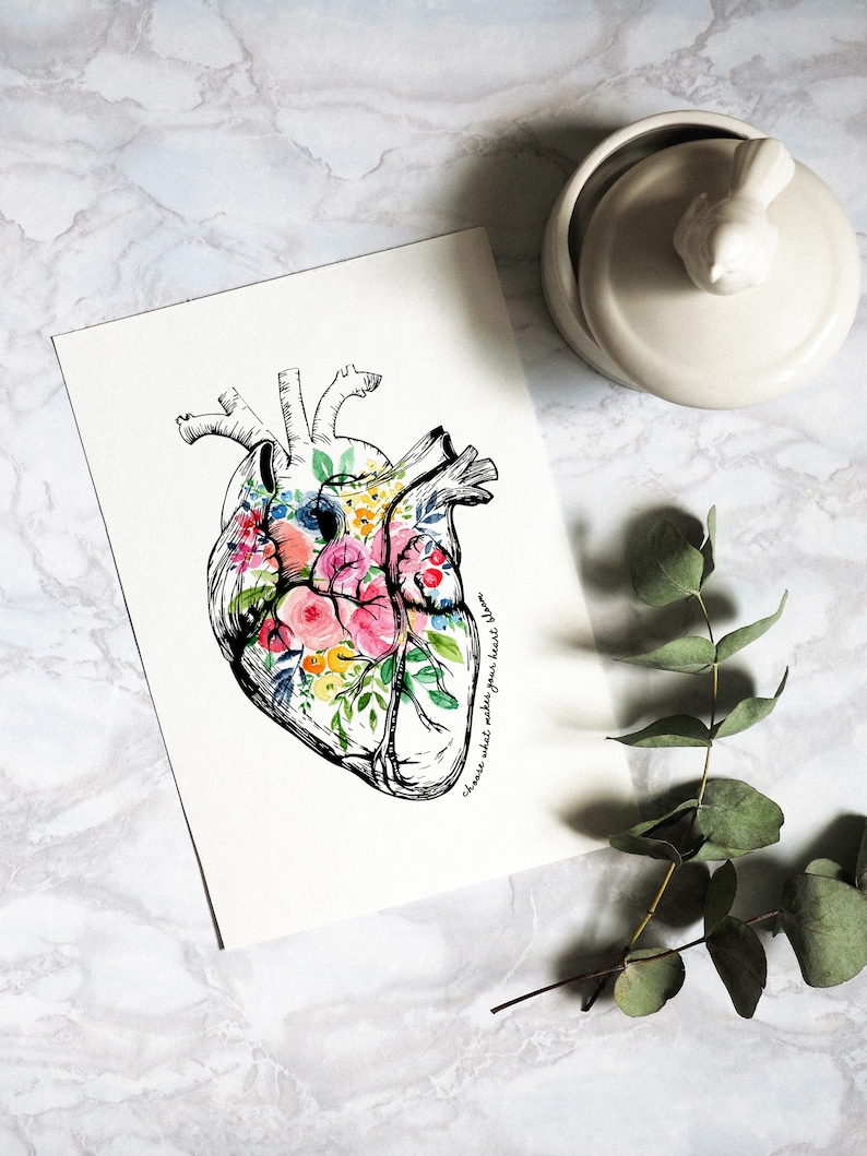 Anatomical Heart With Flowers Art Print, Colorful Floral Heart Wall Art ...