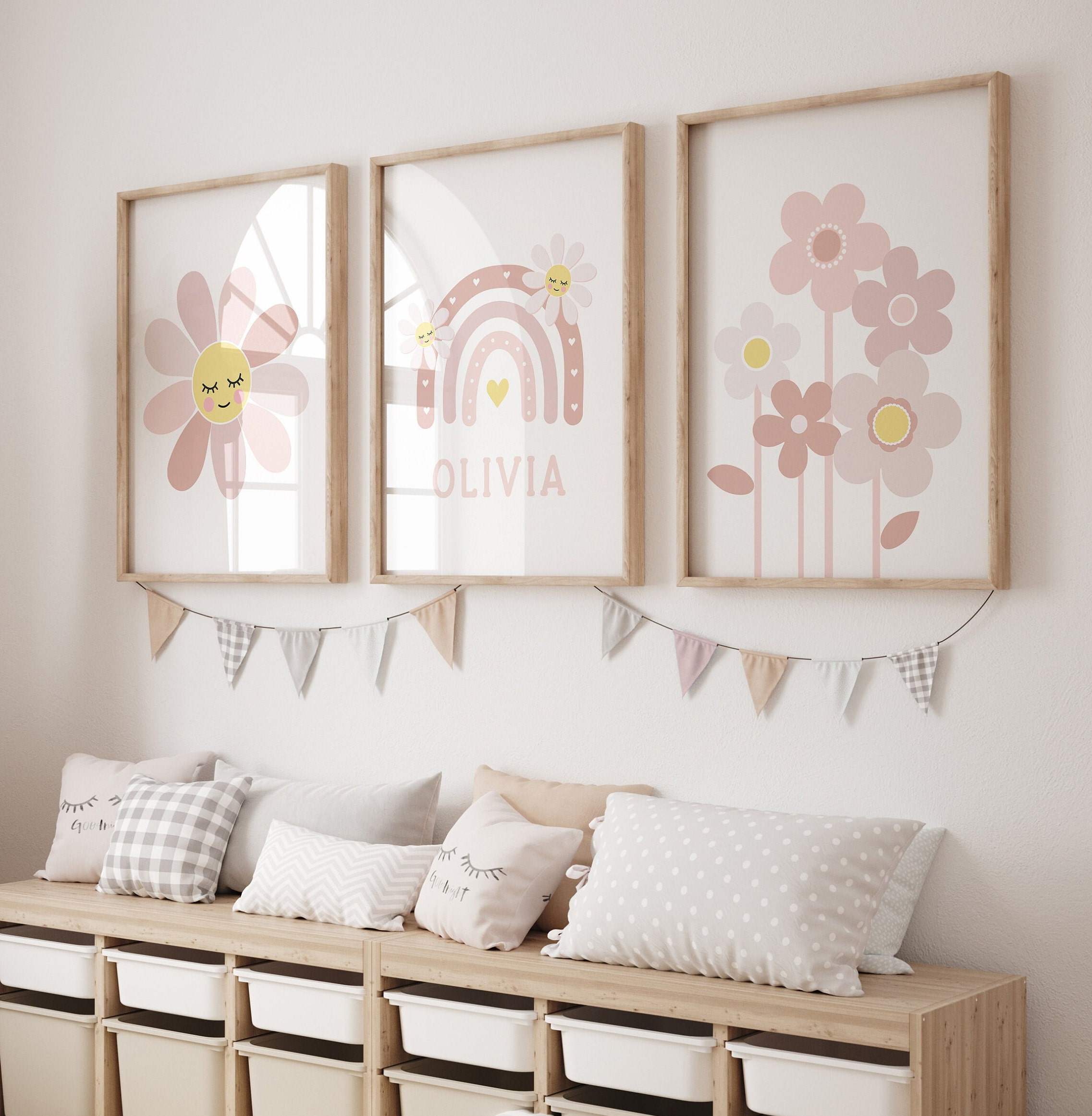 Neutral Daisy Nursery Wall Art, Personalized Boho Pink Decor, Floral ...
