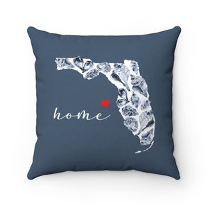 Florida Map Pillow with Heart, Sunshine State Throw Pillow, Navy White Beach House Decor, Coastal Seashell Cushion, Home Decorative Pillow