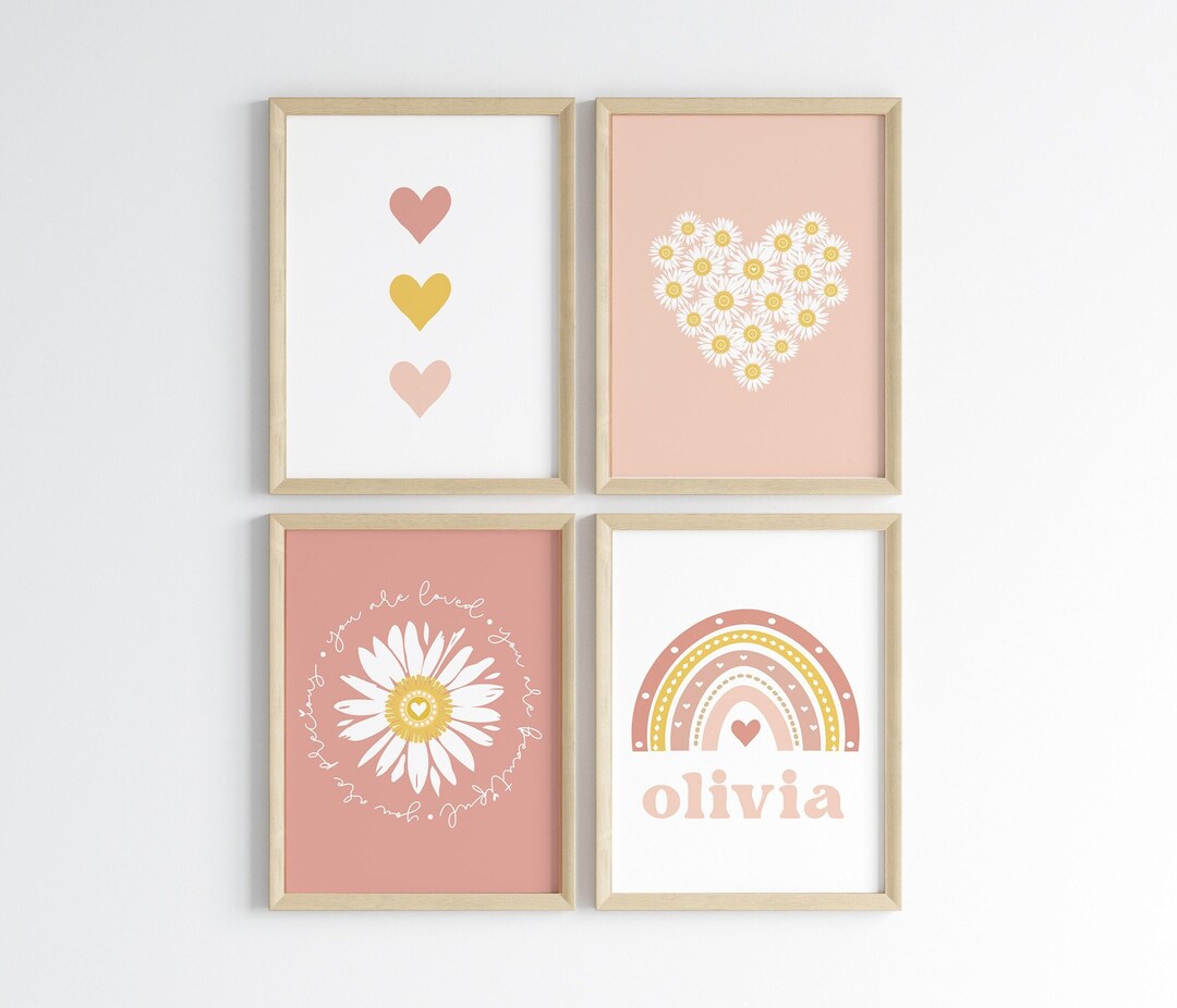 Boho Daisy Nursery Set of 4 PRINTABLE, Personalized Rainbow Kids Room ...