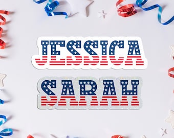 Patriotic Name Sticker, USA Custom Vinyl Decal, Preppy American Water Bottle Laptop Sticker, Personalized Party Favors 4th of July, Varsity
