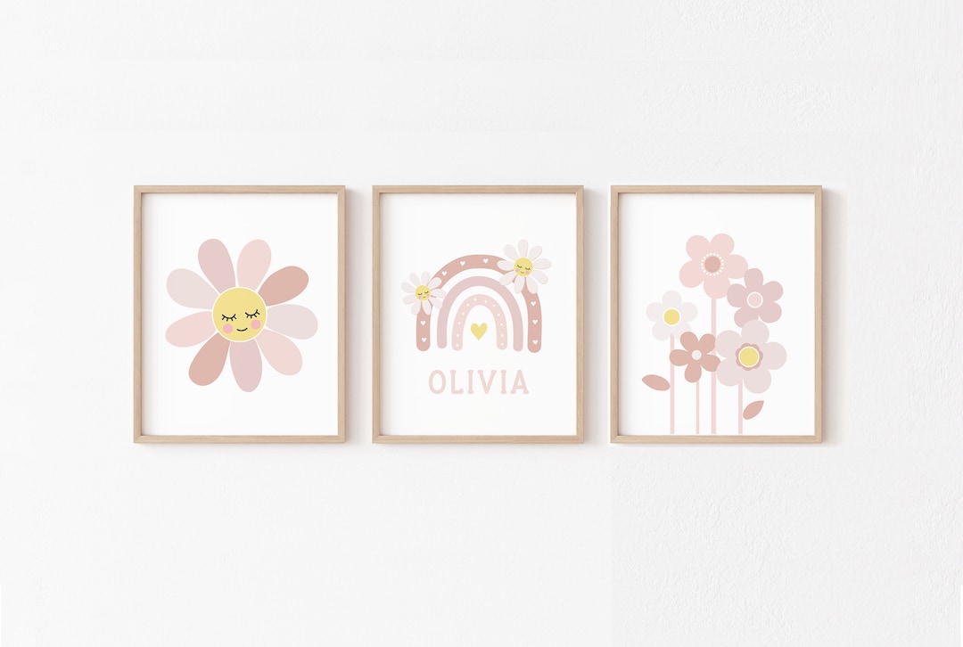 Neutral Daisy Nursery Wall Art, Personalized Boho Pink Decor, Floral ...
