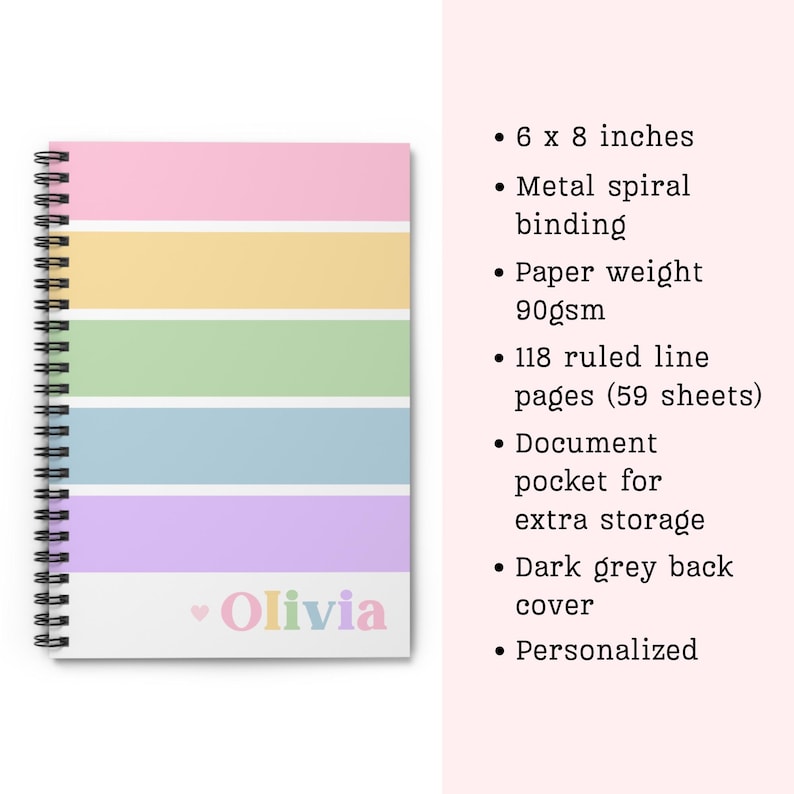 Op de afbeelding: Een spiraalgebonden notitieboek met een pastel regenboogontwerp. Het notitieboek is 15,24 x 20,32 cm groot en heeft een metalen spiraalbinding, 118 gelinieerde pagina's en een documentvak. De omslag is gepersonaliseerd met de naam "Olivia".
