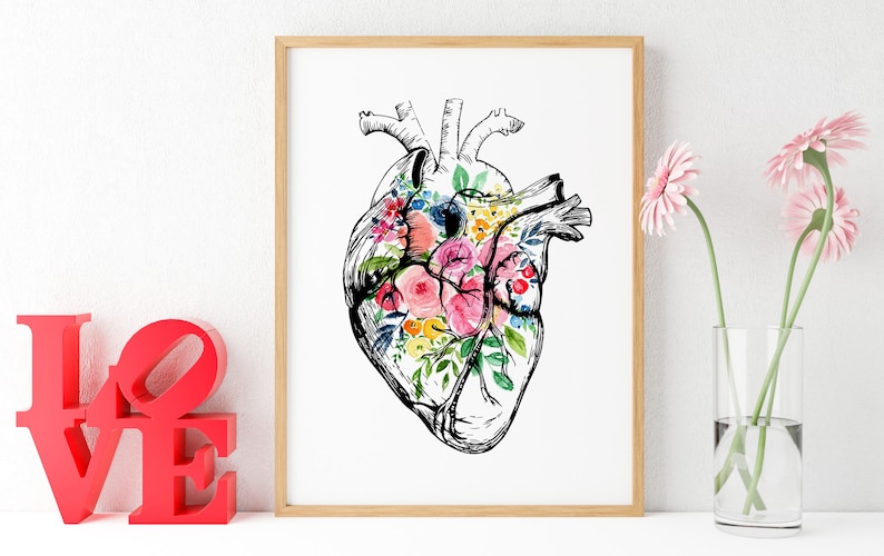 Anatomical Heart With Flowers Art Print, Colorful Floral Heart Wall Art ...