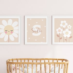 Neutral Daisy Nursery Wall Art, Personalized Name Initial Decor, Boho ...