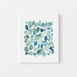 Sea Glass CANVAS Wall Art, Watercolor Abstract Beach House Decor, Blue Green Coastal Canvas Print, Turquoise Modern Ocean Stones Painting
