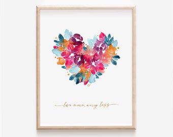 Love More Worry Less Quote Art Print, Positive Empowerment Gold Typography, Vibrant Watercolor Flower Heart, Dorm Wall Art, Self Care Gift
