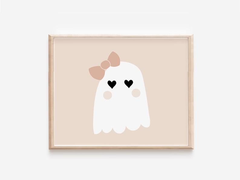 May include: A white ghost with a pink bow and black heart eyes on a light pink background.