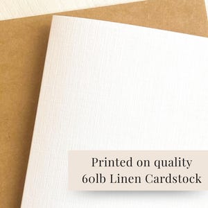May include: Close-up of white linen cardstock with a textured surface, layered over a brown paper. The text "Printed on quality 60lb Linen Cardstock" is displayed on a beige rectangle.