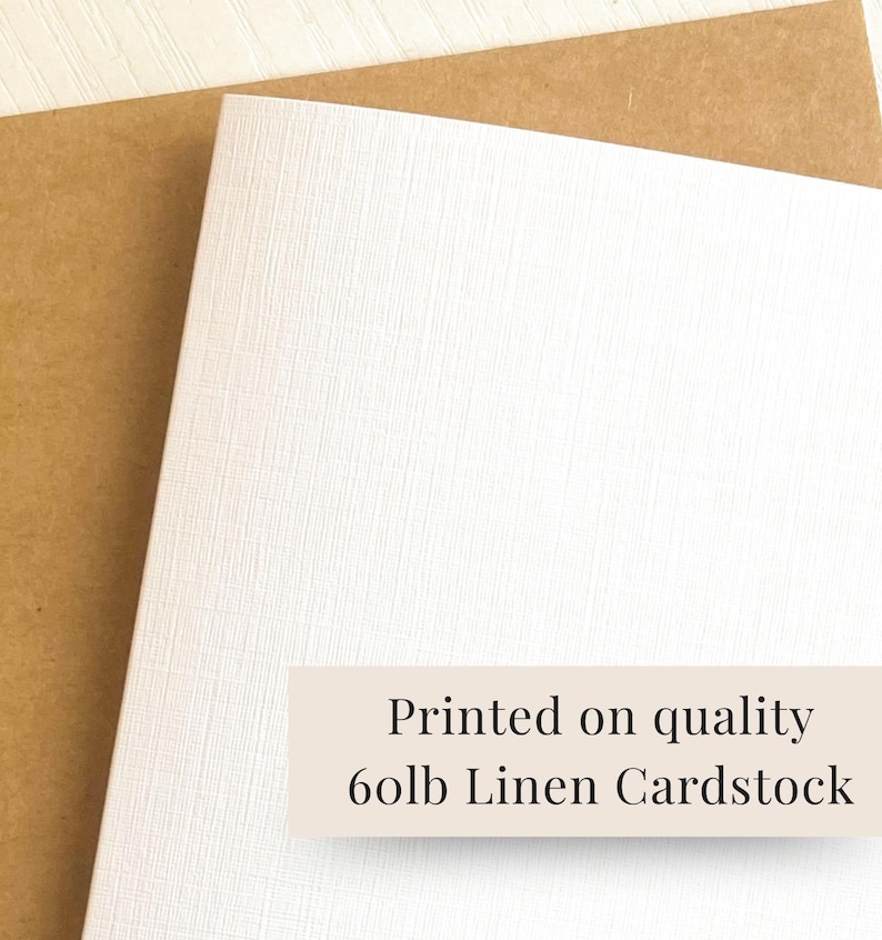 May include: Close-up of white linen cardstock with a textured surface, layered over a brown paper. The text "Printed on quality 60lb Linen Cardstock" is displayed on a beige rectangle.