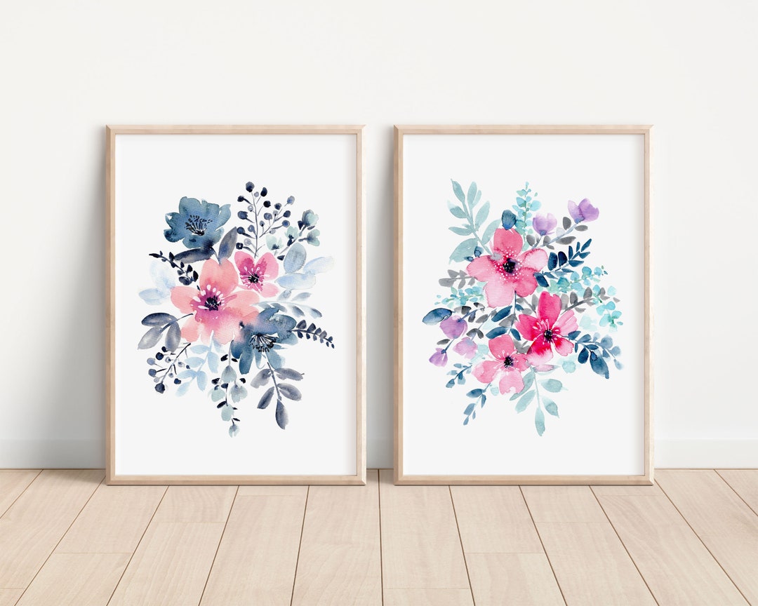 Navy and Blush Pink Flower Print Set, Peony Rose Floral Bouquet, Boho ...