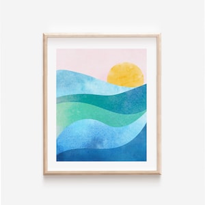 Watercolor Ocean Wall Art, Abstract Sunset Coastal Art Print, Blue Green Seascape Beach House Decor, Modern Sunrise Ocean Waves Painting