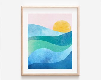 Watercolor Ocean Wall Art, Abstract Sunset Coastal Art Print, Blue Green Seascape Beach House Decor, Modern Sunrise Ocean Waves Painting