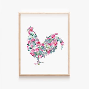 Pink Rooster Art Print, Modern Farmhouse Kitchen Wall Art, Watercolor Floral Rooster Silhouette, Southern Rustic Decor, Chicken Lover Gift