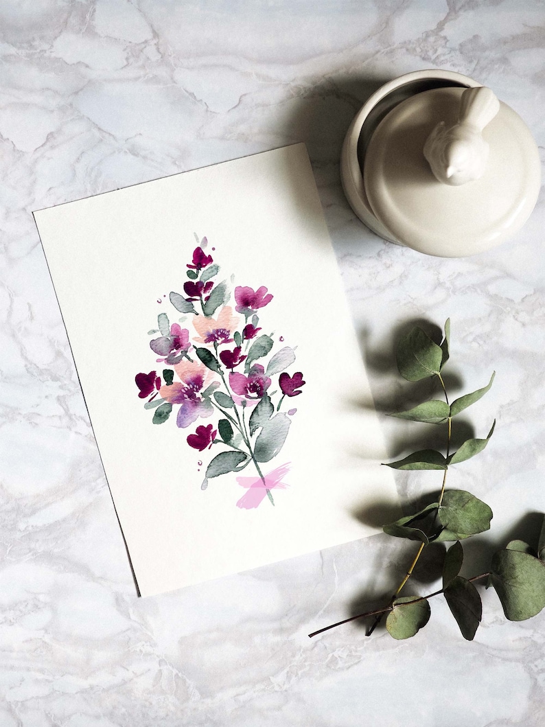 May include: A watercolour painting of a bouquet of pink and purple flowers with green leaves on a white background.