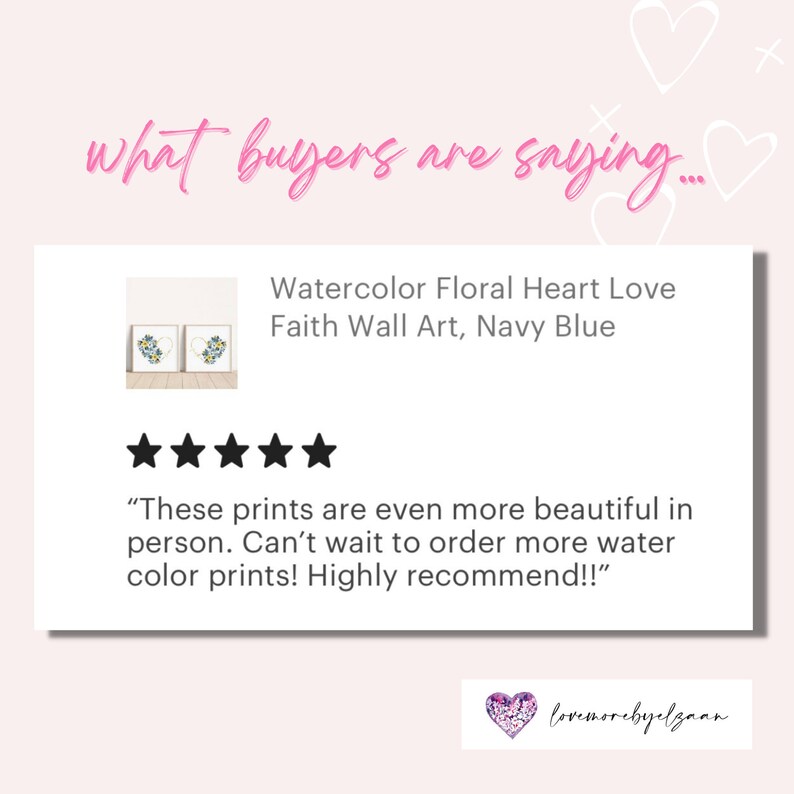 May include: Image features a customer review for watercolor floral heart love faith wall art in navy blue. The review includes a five-star rating and a positive comment about the prints. The text "what buyers are saying" is at the top.