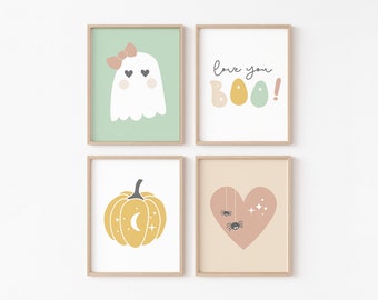 Boho Halloween Kids Wall Art PRINTABLE, Pink Girl Nursery Halloween Print Set, Cute Baby Ghost Pumpkin, Pastel Spooky Boo Retro Fall Decor