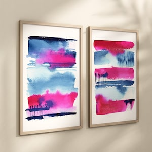 Abstract Hot Pink Art Print Set, Bright Fuschia Navy Blue Wall Art ...