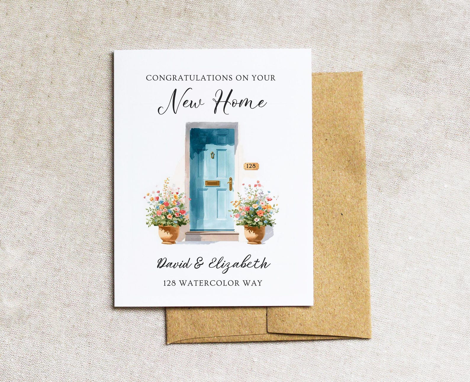 New Home Card Personalized With Name & Address, Watercolor Front Door ...