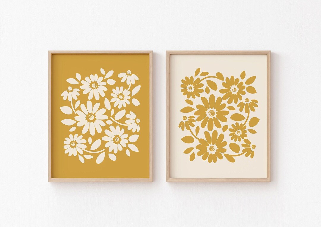 Mustard Floral Wall Art, Modern Boho Botanical Decor, Yellow Flower ...